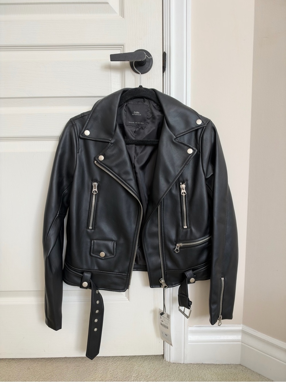 Zara Black Faux Leather Moto Jacket with Belted Hem
